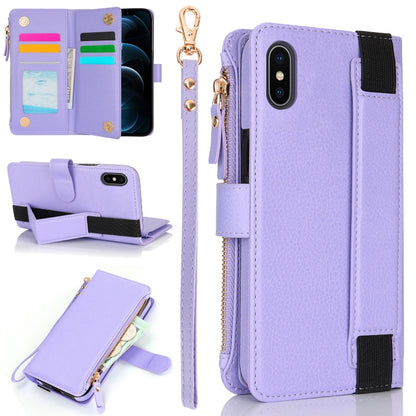For iPhone XS Max Wristband Holder Zipper Purse RFID Leather Phone Case(Purple) - More iPhone Cases by buy2fix | Online Shopping UK | buy2fix