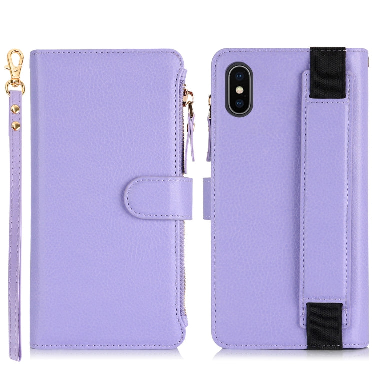 For iPhone XS Max Wristband Holder Zipper Purse RFID Leather Phone Case(Purple) - More iPhone Cases by buy2fix | Online Shopping UK | buy2fix