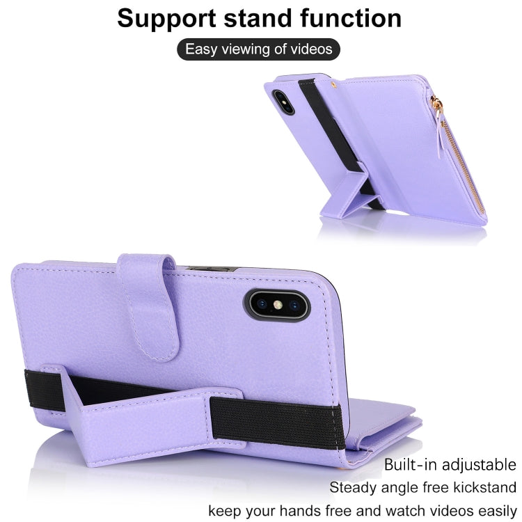 For iPhone XS Max Wristband Holder Zipper Purse RFID Leather Phone Case(Purple) - More iPhone Cases by buy2fix | Online Shopping UK | buy2fix