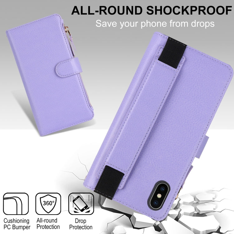 For iPhone XS Max Wristband Holder Zipper Purse RFID Leather Phone Case(Purple) - More iPhone Cases by buy2fix | Online Shopping UK | buy2fix