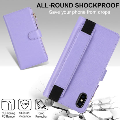 For iPhone XS Max Wristband Holder Zipper Purse RFID Leather Phone Case(Purple) - More iPhone Cases by buy2fix | Online Shopping UK | buy2fix