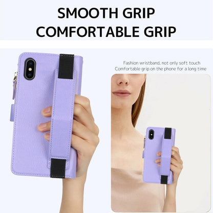 For iPhone XS Max Wristband Holder Zipper Purse RFID Leather Phone Case(Purple) - More iPhone Cases by buy2fix | Online Shopping UK | buy2fix