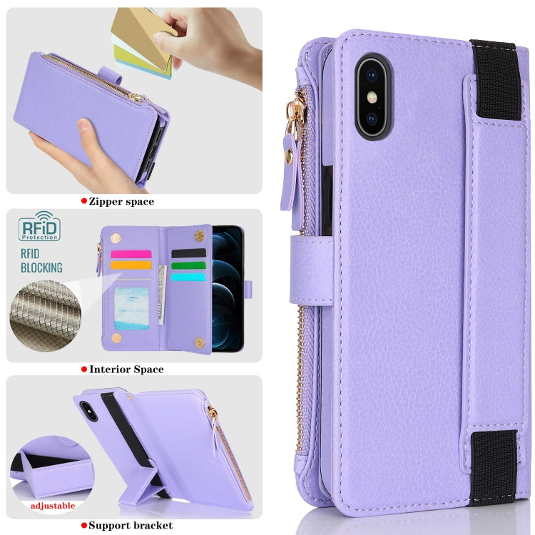For iPhone XS Max Wristband Holder Zipper Purse RFID Leather Phone Case(Purple) - More iPhone Cases by buy2fix | Online Shopping UK | buy2fix