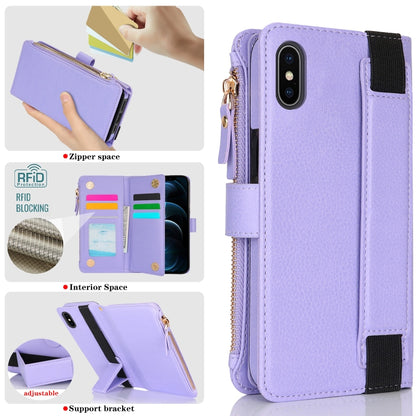 For iPhone XS Max Wristband Holder Zipper Purse RFID Leather Phone Case(Purple) - More iPhone Cases by buy2fix | Online Shopping UK | buy2fix