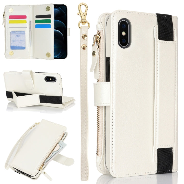 For iPhone XS Max Wristband Holder Zipper Purse RFID Leather Phone Case(White) - More iPhone Cases by buy2fix | Online Shopping UK | buy2fix