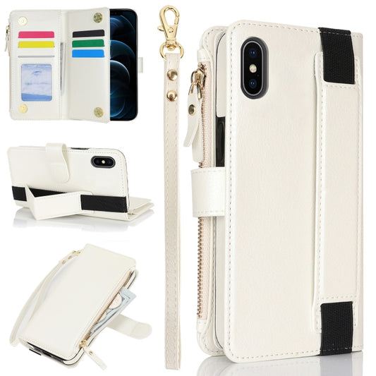 For iPhone XS Max Wristband Holder Zipper Purse RFID Leather Phone Case(White) - More iPhone Cases by buy2fix | Online Shopping UK | buy2fix