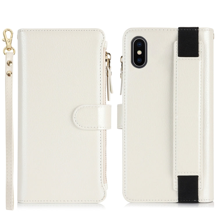 For iPhone XS Max Wristband Holder Zipper Purse RFID Leather Phone Case(White) - More iPhone Cases by buy2fix | Online Shopping UK | buy2fix