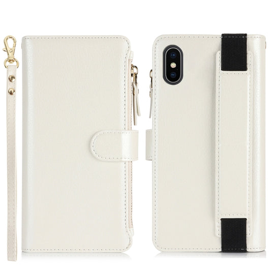 For iPhone XS Max Wristband Holder Zipper Purse RFID Leather Phone Case(White) - More iPhone Cases by buy2fix | Online Shopping UK | buy2fix