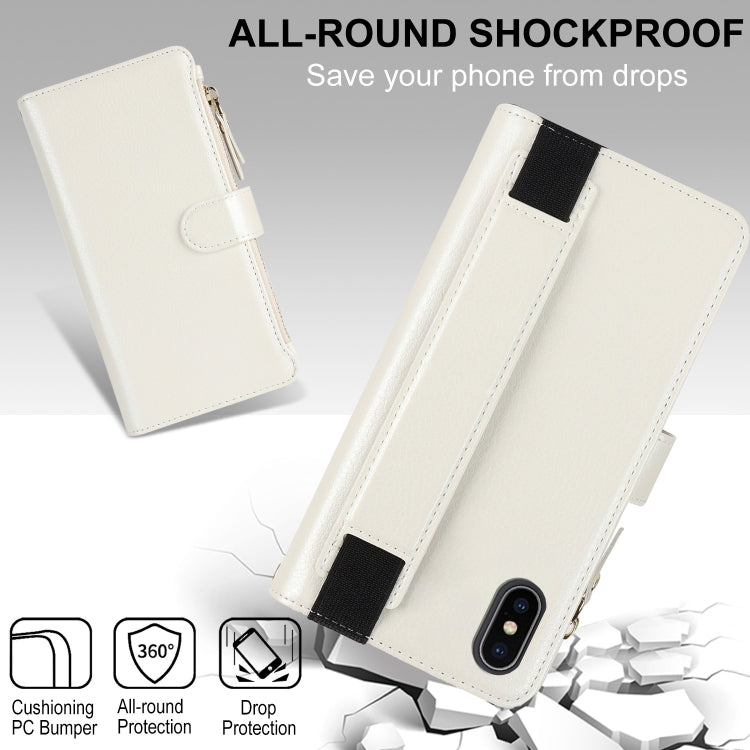 For iPhone XS Max Wristband Holder Zipper Purse RFID Leather Phone Case(White) - More iPhone Cases by buy2fix | Online Shopping UK | buy2fix