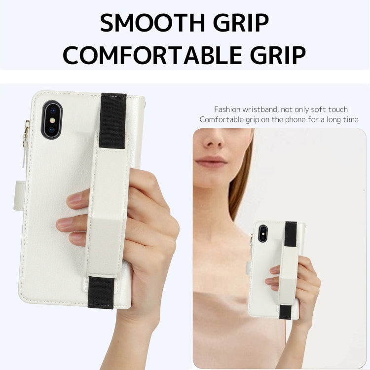 For iPhone XS Max Wristband Holder Zipper Purse RFID Leather Phone Case(White) - More iPhone Cases by buy2fix | Online Shopping UK | buy2fix