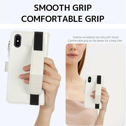 For iPhone XS Max Wristband Holder Zipper Purse RFID Leather Phone Case(White) - More iPhone Cases by buy2fix | Online Shopping UK | buy2fix