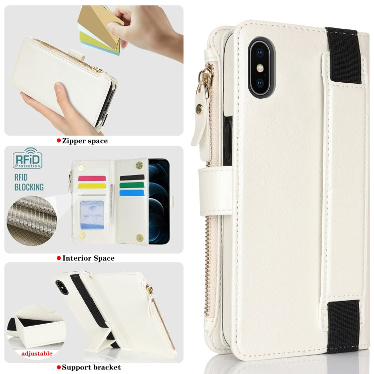 For iPhone XS Max Wristband Holder Zipper Purse RFID Leather Phone Case(White) - More iPhone Cases by buy2fix | Online Shopping UK | buy2fix