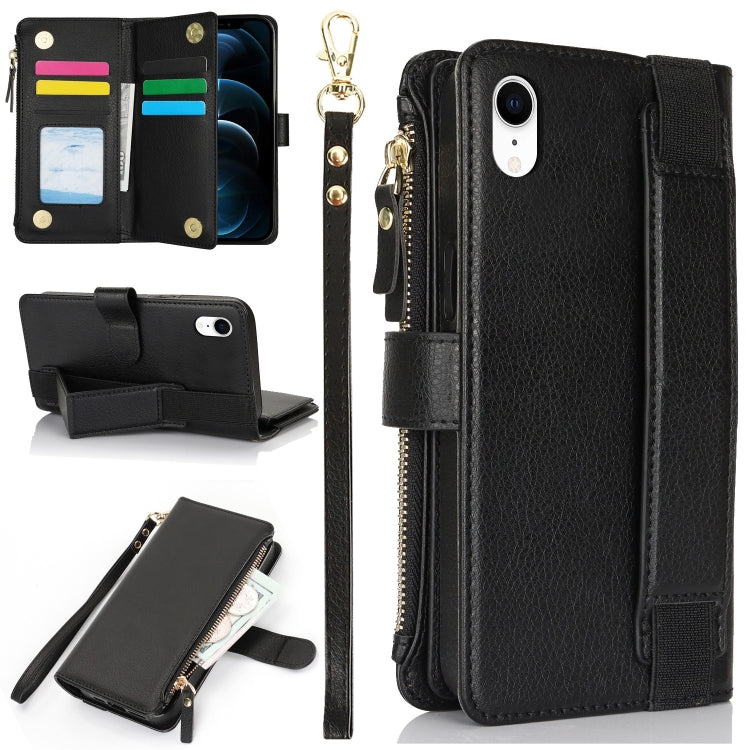 For iPhone XR Wristband Holder Zipper Purse RFID Leather Phone Case(Black) - More iPhone Cases by buy2fix | Online Shopping UK | buy2fix