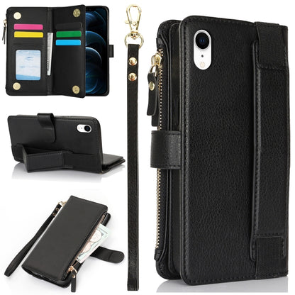 For iPhone XR Wristband Holder Zipper Purse RFID Leather Phone Case(Black) - More iPhone Cases by buy2fix | Online Shopping UK | buy2fix