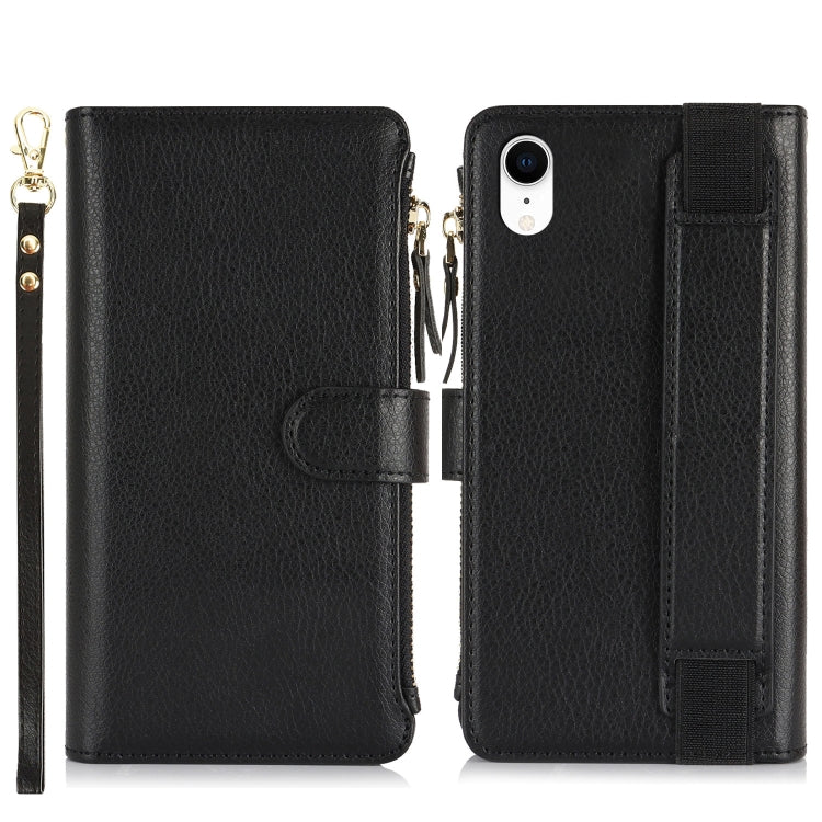 For iPhone XR Wristband Holder Zipper Purse RFID Leather Phone Case(Black) - More iPhone Cases by buy2fix | Online Shopping UK | buy2fix