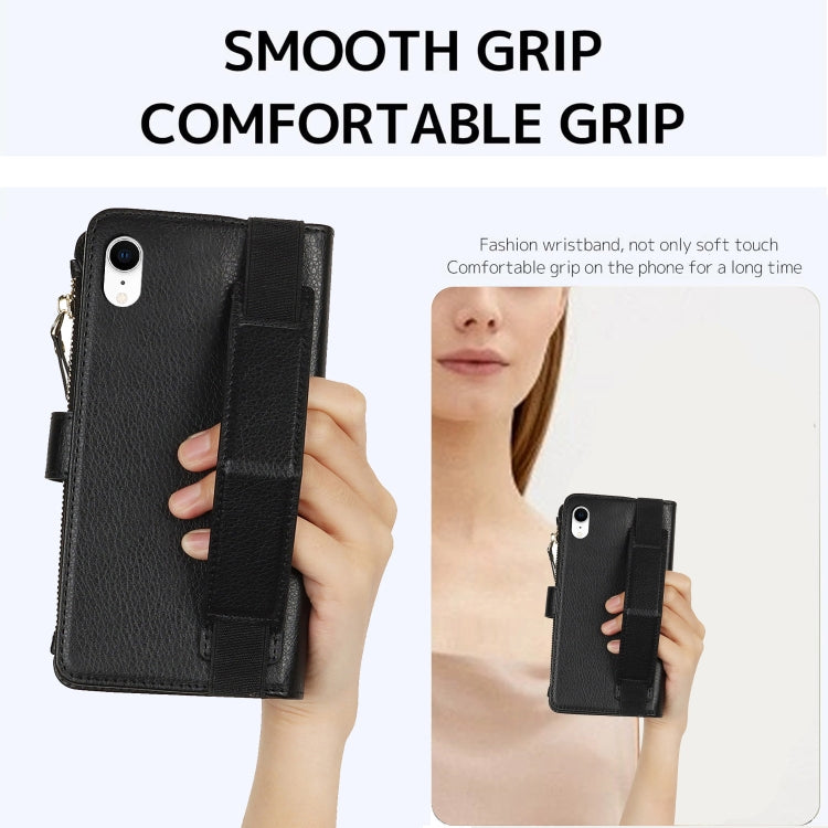 For iPhone XR Wristband Holder Zipper Purse RFID Leather Phone Case(Black) - More iPhone Cases by buy2fix | Online Shopping UK | buy2fix