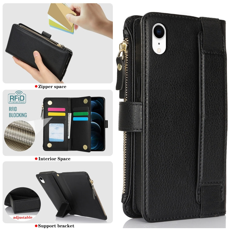 For iPhone XR Wristband Holder Zipper Purse RFID Leather Phone Case(Black) - More iPhone Cases by buy2fix | Online Shopping UK | buy2fix