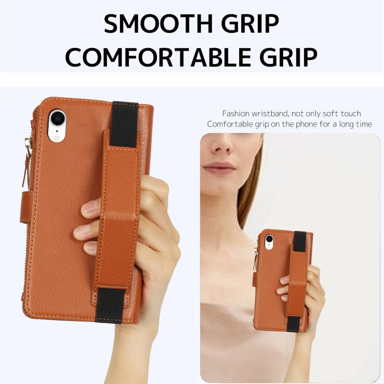 For iPhone XR Wristband Holder Zipper Purse RFID Leather Phone Case(Brown) - More iPhone Cases by buy2fix | Online Shopping UK | buy2fix