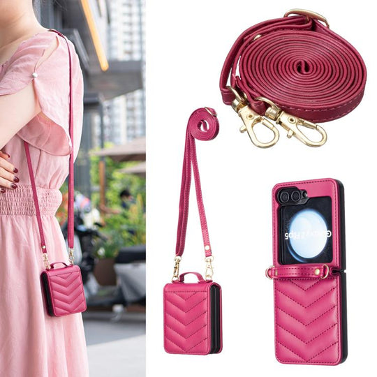 For Galaxy Z Flip8 5G Wave-shaped Crossbody Lanyard Leather Phone Case(Rose Red)