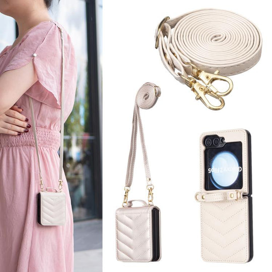 For Galaxy Z Flip8 5G Wave-shaped Crossbody Lanyard Leather Phone Case(Beige)