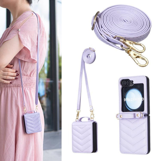 For Galaxy Z Flip8 5G Wave-shaped Crossbody Lanyard Leather Phone Case(Purple)