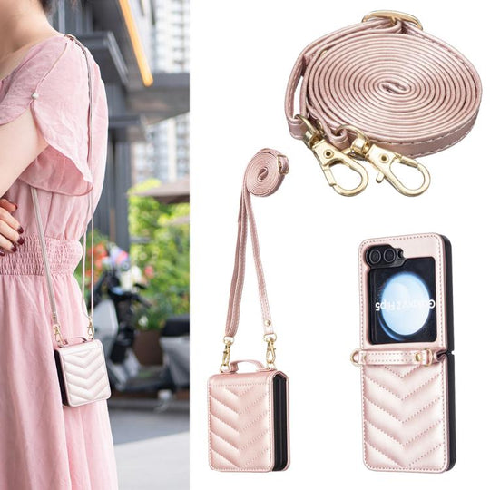For Galaxy Z Flip8 5G Wave-shaped Crossbody Lanyard Leather Phone Case(Rose Gold)