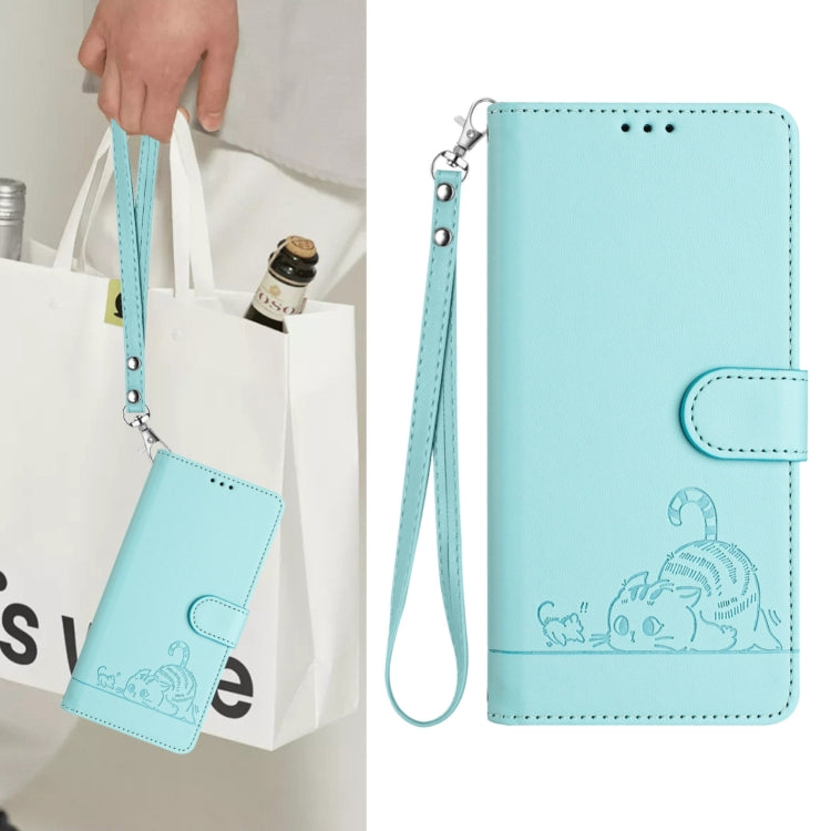 For Samsung Galaxy S25 5G Cat Rat Embossed Pattern RFID Leather Phone Case with Lanyard(Mint Green) by buy2fix
