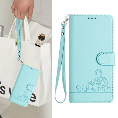 For Samsung Galaxy S25 5G Cat Rat Embossed Pattern RFID Leather Phone Case with Lanyard(Mint Green) by buy2fix
