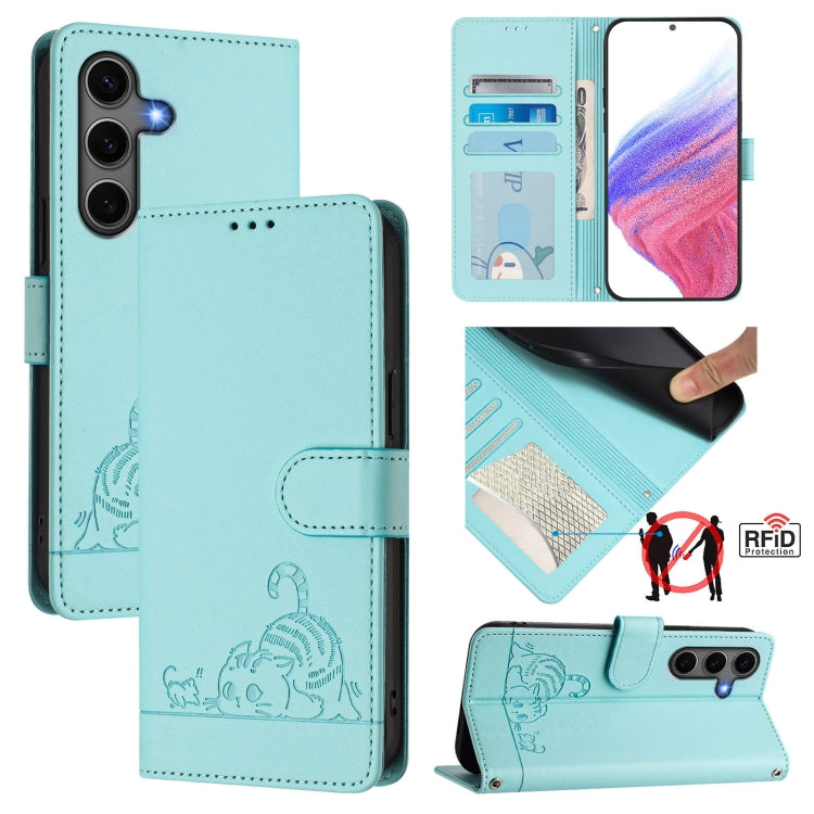 For Samsung Galaxy S25+ 5G Cat Rat Embossed Pattern RFID Leather Phone Case with Lanyard(Mint Green) by buy2fix