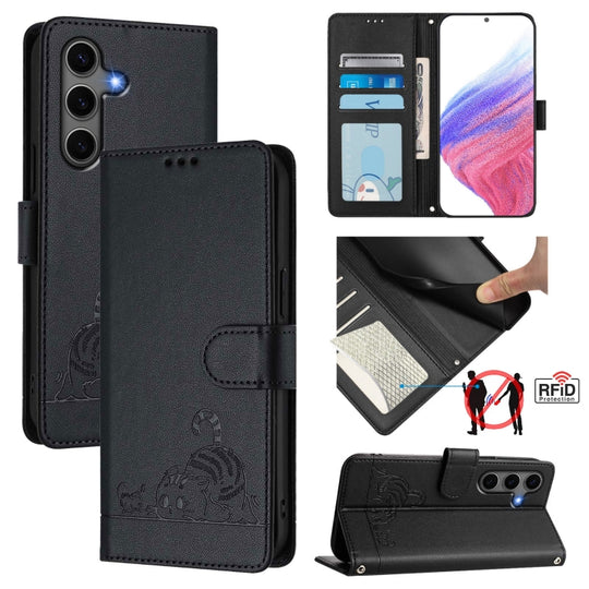 For Samsung Galaxy S25+ 5G Cat Rat Embossed Pattern RFID Leather Phone Case with Lanyard(Black)