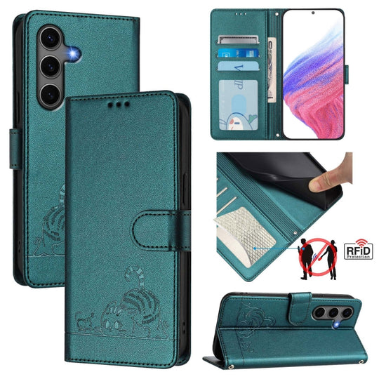 For Samsung Galaxy S25+ 5G Cat Rat Embossed Pattern RFID Leather Phone Case with Lanyard(Peacock Green)