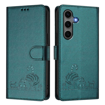 For Samsung Galaxy S25+ 5G Cat Rat Embossed Pattern RFID Leather Phone Case with Lanyard(Peacock Green) by buy2fix