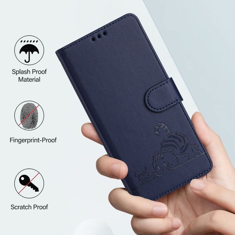 For Samsung Galaxy S25+ 5G Cat Rat Embossed Pattern RFID Leather Phone Case with Lanyard(Blue) by buy2fix