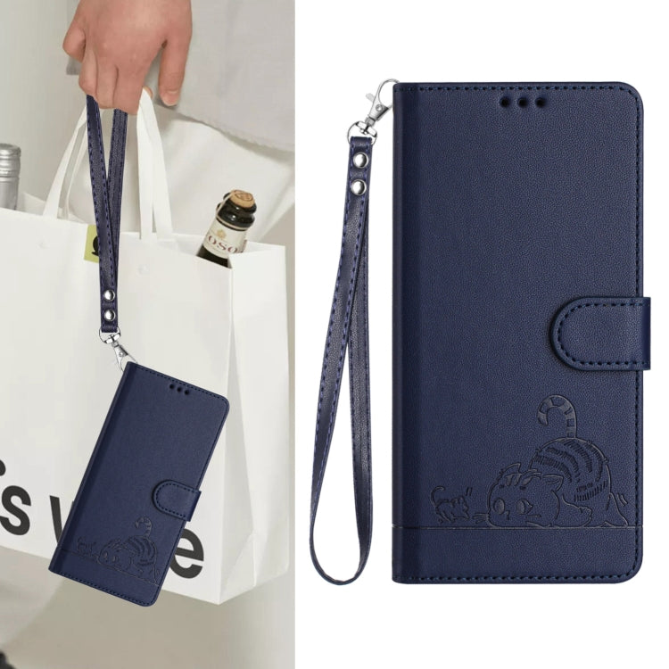 For Samsung Galaxy S25+ 5G Cat Rat Embossed Pattern RFID Leather Phone Case with Lanyard(Blue) by buy2fix