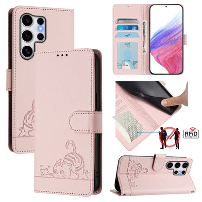 For Samsung Galaxy S25 Ultra 5G Cat Rat Embossed RFID Leather Phone Case with Lanyard(Pink) - Galaxy S25 Ultra 5G Cases by buy2fix | Online Shopping UK | buy2fix