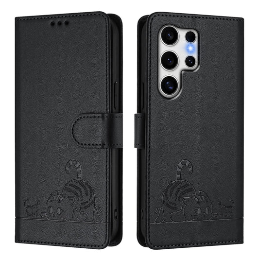 For Samsung Galaxy S25 Ultra 5G Cat Rat Embossed Pattern RFID Leather Phone Case with Lanyard(Black) by buy2fix