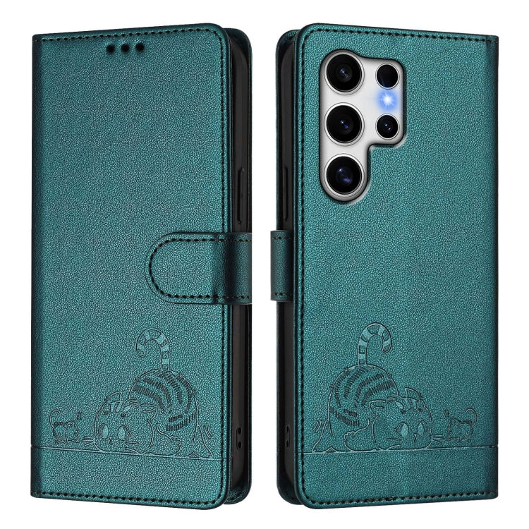 For Samsung Galaxy S25 Ultra 5G Cat Rat Embossed RFID Leather Phone Case with Lanyard(Peacock Green) - Galaxy S25 Ultra 5G Cases by buy2fix | Online Shopping UK | buy2fix