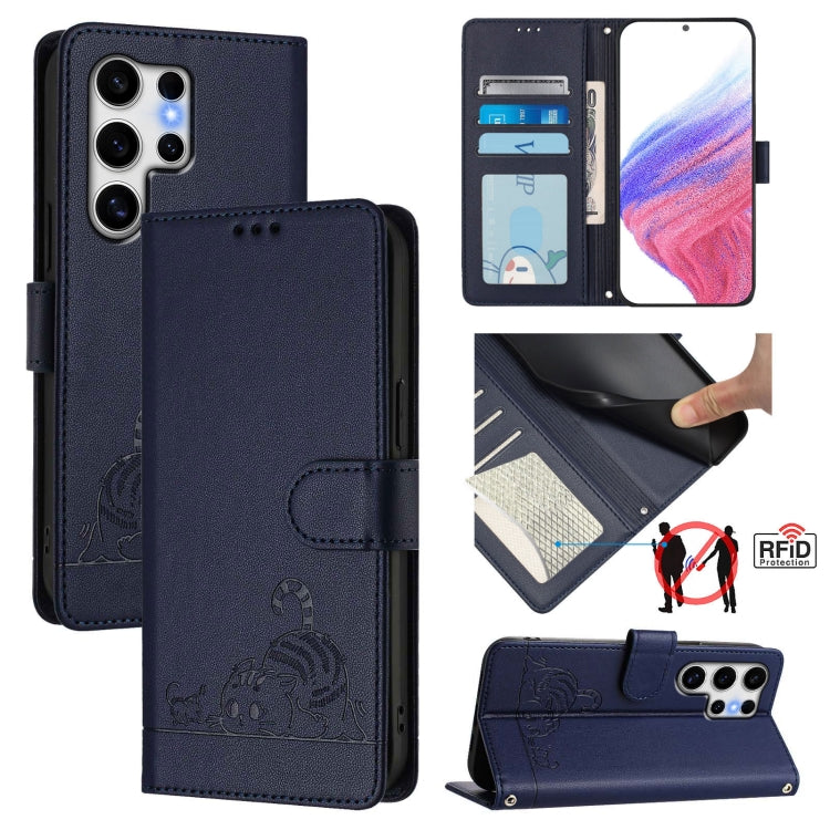 For Samsung Galaxy S25 Ultra 5G Cat Rat Embossed RFID Leather Phone Case with Lanyard(Blue) - Galaxy S25 Ultra 5G Cases by buy2fix | Online Shopping UK | buy2fix