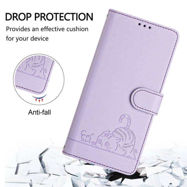 For Samsung Galaxy S25 Ultra 5G Cat Rat Embossed Pattern RFID Leather Phone Case with Lanyard(Purple) by buy2fix