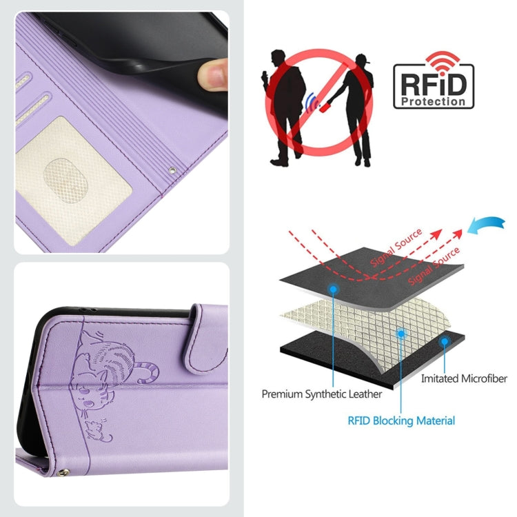 For Samsung Galaxy S25 Ultra 5G Cat Rat Embossed Pattern RFID Leather Phone Case with Lanyard(Purple) by buy2fix