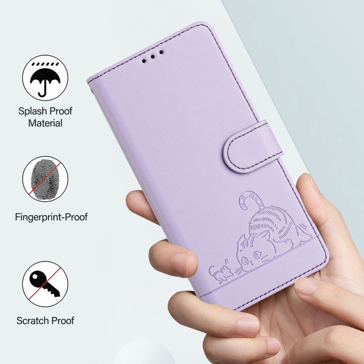 For Samsung Galaxy S25 Ultra 5G Cat Rat Embossed Pattern RFID Leather Phone Case with Lanyard(Purple) by buy2fix
