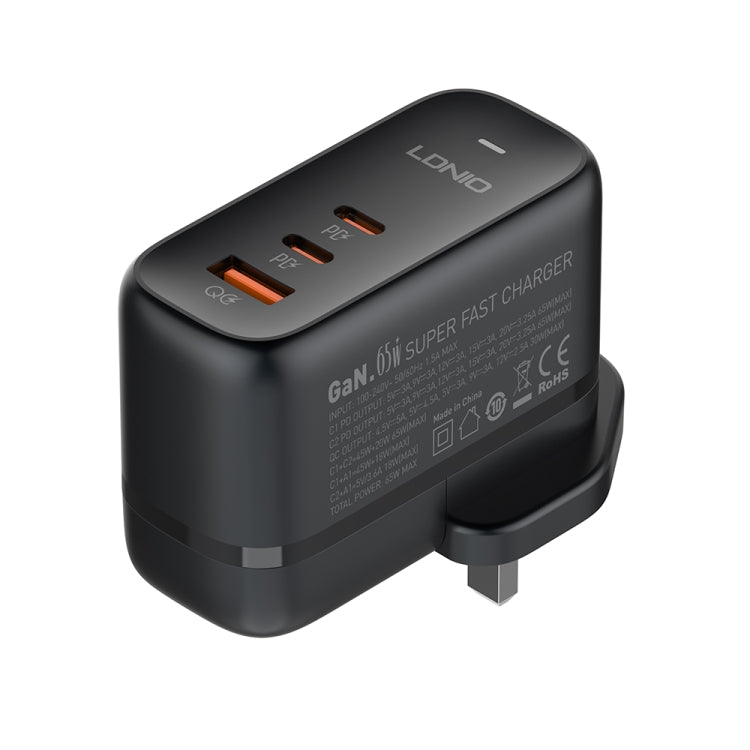 LDNIO Q366 65W USB + Dual Type-C Port Charger with 1m USB-C / Type-C to USB-C / Type-C Data Cable, Plug Type:UK Plug(Black) - USB Charger by LDNIO | Online Shopping UK | buy2fix