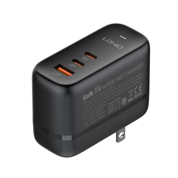 LDNIO Q366 65W USB + Dual Type-C Port Charger with 1m USB-C / Type-C to USB-C / Type-C Data Cable, Plug Type:US Plug(Black) - USB Charger by LDNIO | Online Shopping UK | buy2fix