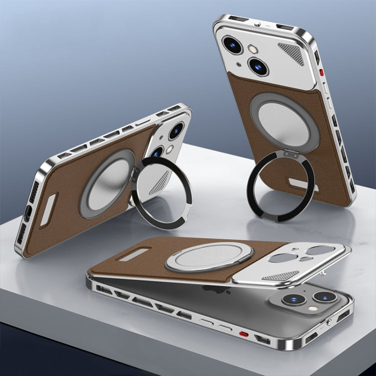 For iPhone 15 Metal Snap Buckle 360 Degree Rotating MagSafe Magnetic Holder Phone Case(Dark Brown Silver) - iPhone 15 Cases by buy2fix | Online Shopping UK | buy2fix