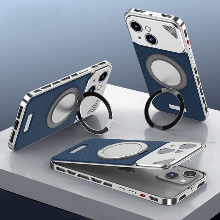 For iPhone 15 Metal Snap Buckle 360 Degree Rotating MagSafe Magnetic Holder Phone Case(Dark Blue Silver) - iPhone 15 Cases by buy2fix | Online Shopping UK | buy2fix