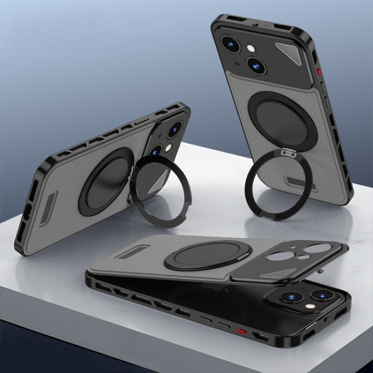 For iPhone 15 Metal Snap Buckle 360 Degree Rotating MagSafe Magnetic Holder Phone Case(Dark Grey Black) - iPhone 15 Cases by buy2fix | Online Shopping UK | buy2fix