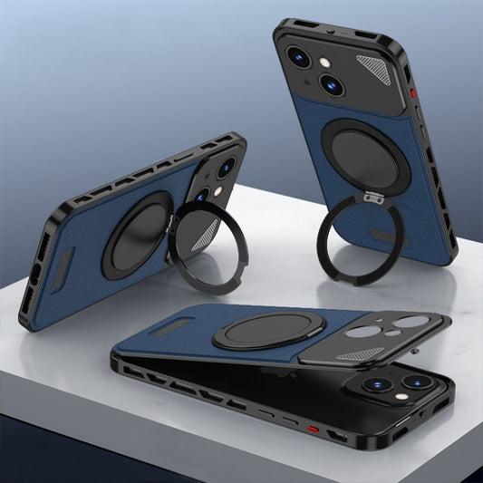 For iPhone 15 Metal Snap Buckle 360 Degree Rotating MagSafe Magnetic Holder Phone Case(Dark Blue Black) - iPhone 15 Cases by buy2fix | Online Shopping UK | buy2fix