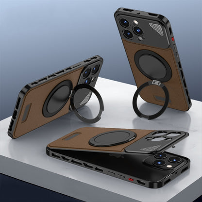 For iPhone 14 Pro Metal Snap Buckle 360 Degree Rotating MagSafe Magnetic Holder Phone Case(Dark Brown Black) - iPhone 14 Pro Cases by buy2fix | Online Shopping UK | buy2fix