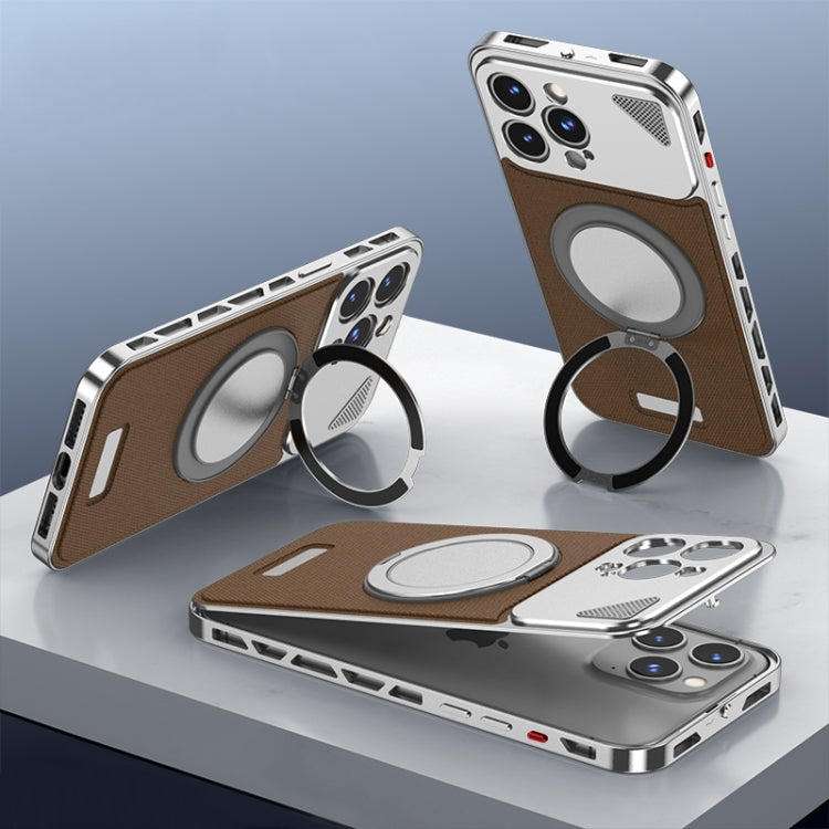 For iPhone 14 Pro Max Metal Snap Buckle 360 Degree Rotating MagSafe Magnetic Holder Phone Case(Dark Brown Silver) - iPhone 14 Pro Max Cases by buy2fix | Online Shopping UK | buy2fix