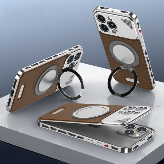 For iPhone 14 Pro Max Metal Snap Buckle 360 Degree Rotating MagSafe Magnetic Holder Phone Case(Dark Brown Silver) - iPhone 14 Pro Max Cases by buy2fix | Online Shopping UK | buy2fix
